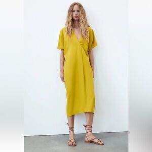 Zara Linen Blend Tunic Kaftan Midi Dress Chartreuse